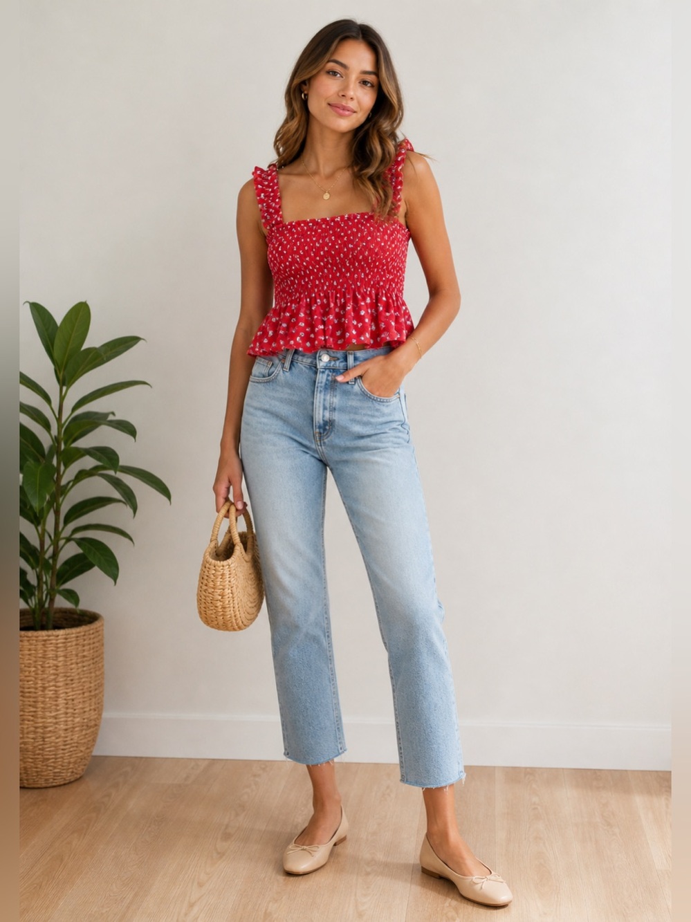VICI Lisette Floral Smocked Tank in Rustic Red